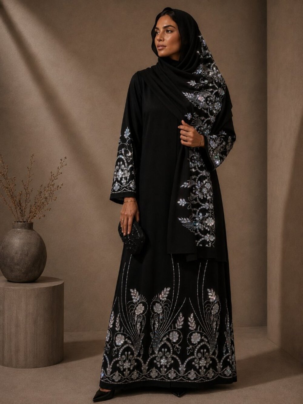 Sequin Embroidered Abaya Set and Matching Hijab Shawl Wrap and BONUS GIFT clutch
